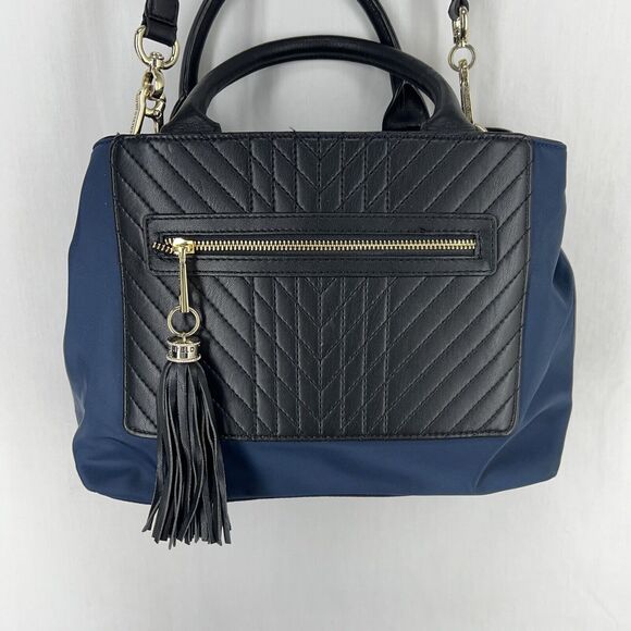 Karl Lagerfeld Paris Handbags - Karl Lagerfeld Paris Misto Black Leather and Blue Nylon Satchel Bag with Tags